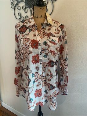 Bohemian Floral Button-Front Blouse in White, Rust & Teal